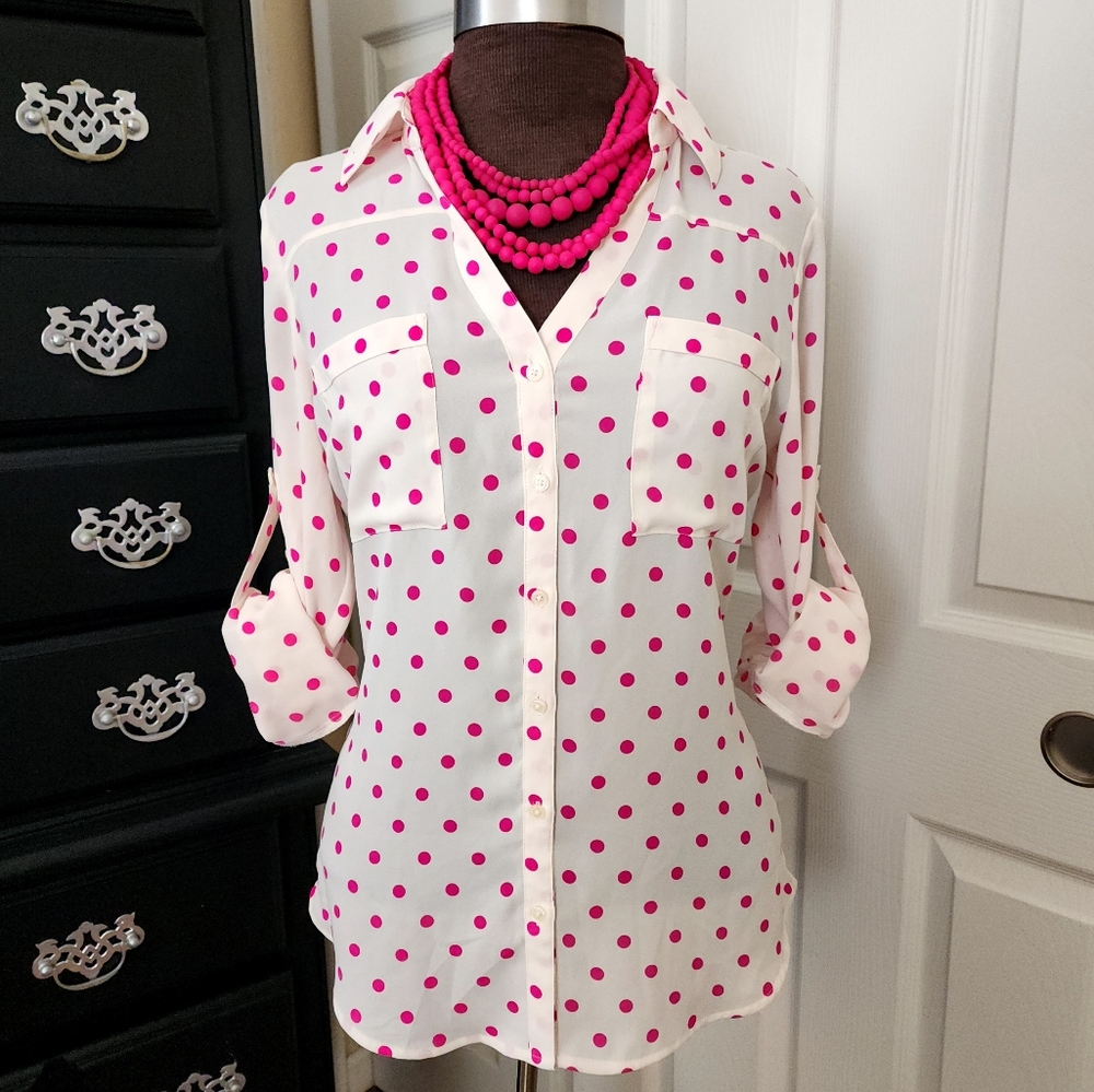 EXPRESS "Portofino" Long-Sleeve Button-Up V-Neck Shirt - White/Pink - Med